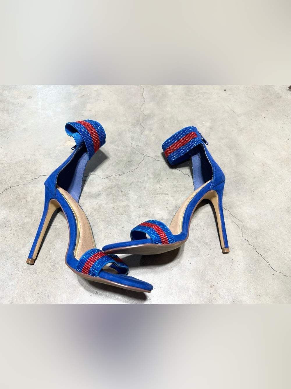Liliana Blue Suede Stiletto Sandals with Red Striped Accents-7
